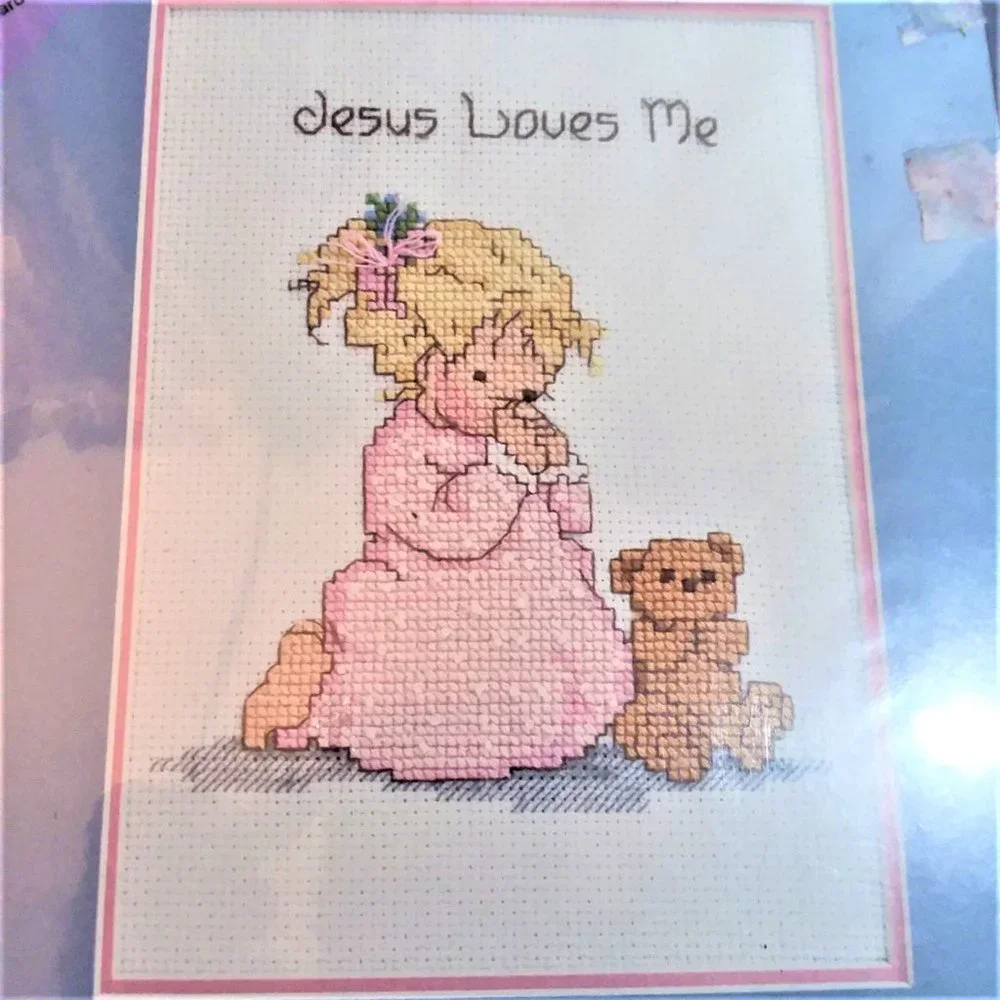 VTG Counted Cross Stitch Kit Jesus Loves Me Designs Needle VTG Girl Pray Bonus